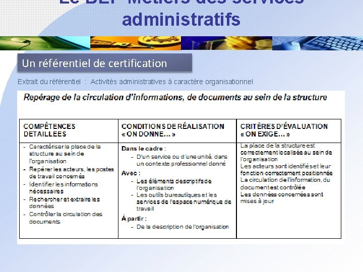 Le BEP Métiers des services administratifs Un référentiel de certification Extrait du référentiel :
