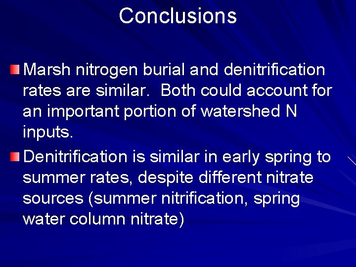 Conclusions Marsh nitrogen burial and denitrification rates are similar. Both could account for an