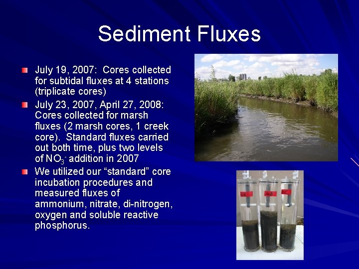 Sediment Fluxes July 19, 2007: Cores collected for subtidal fluxes at 4 stations (triplicate