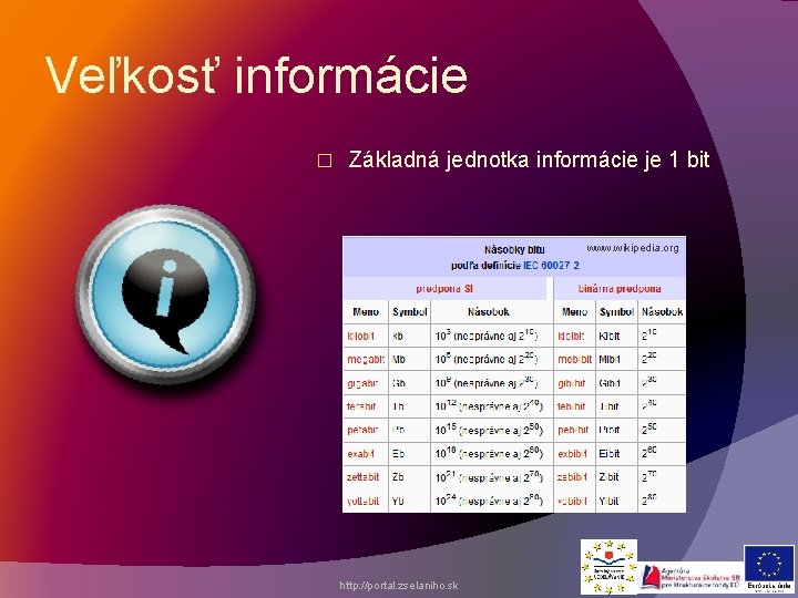 Veľkosť informácie � Základná jednotka informácie je 1 bit www. wikipedia. org http: //portal.