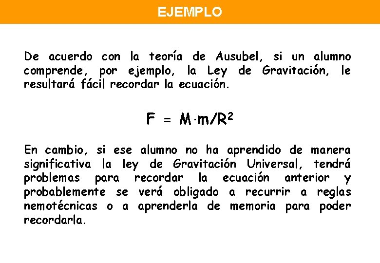 EJEMPLO De acuerdo con la teoría de Ausubel, si un alumno comprende, por ejemplo,