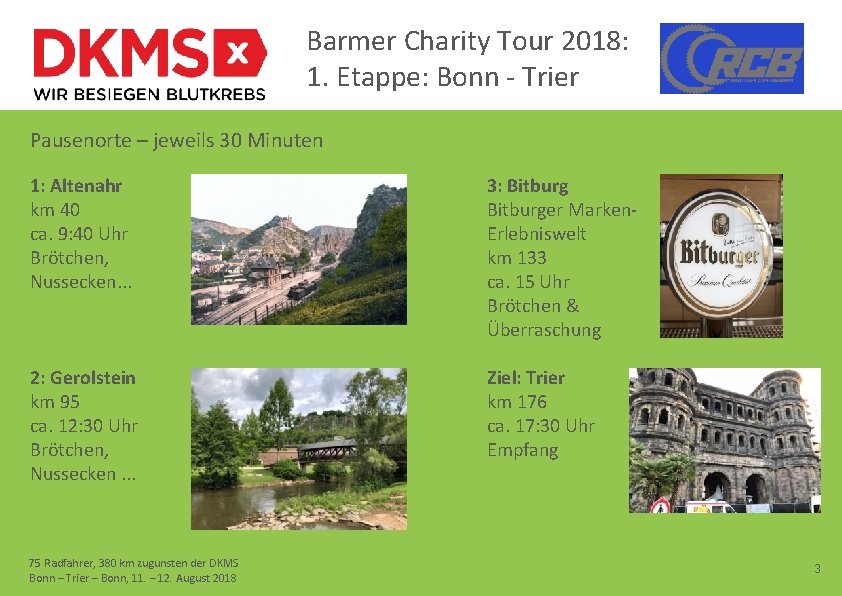 Barmer Charity Tour 2018: 1. Etappe: Bonn - Trier Pausenorte – jeweils 30 Minuten