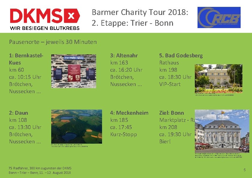 Barmer Charity Tour 2018: 2. Etappe: Trier - Bonn Pausenorte – jeweils 30 Minuten