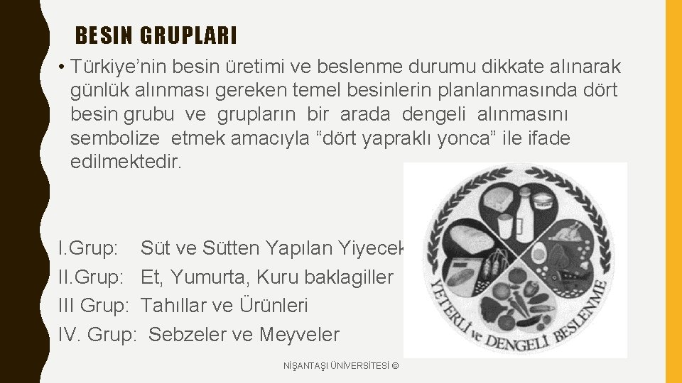 BESIN GRUPLARI • Türkiye’nin besin üretimi ve beslenme durumu dikkate alınarak günlük alınması gereken