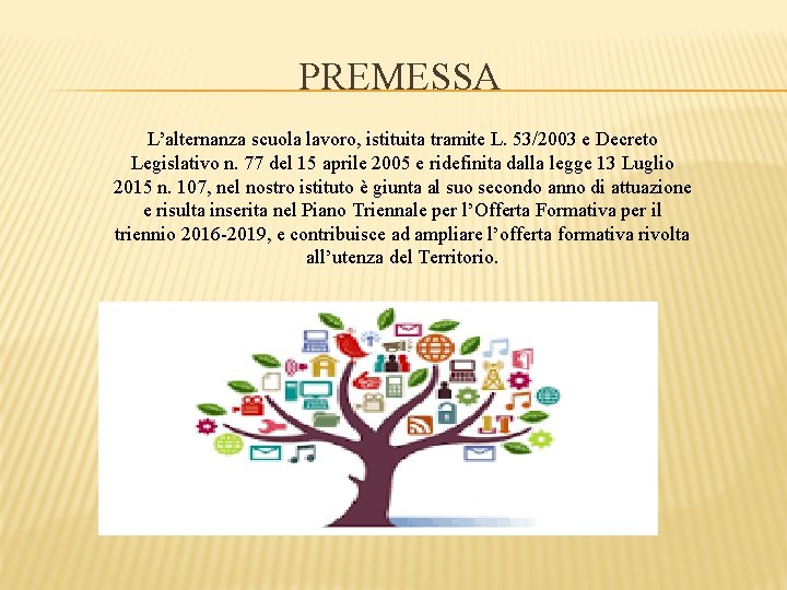 PREMESSA L’alternanza scuola lavoro, istituita tramite L. 53/2003 e Decreto Legislativo n. 77 del