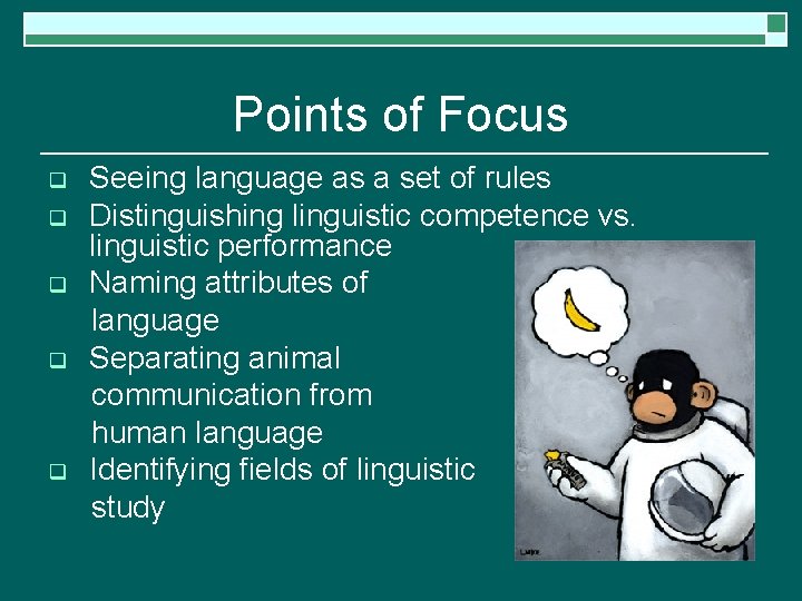Points of Focus q q q Seeing language as a set of rules Distinguishing
