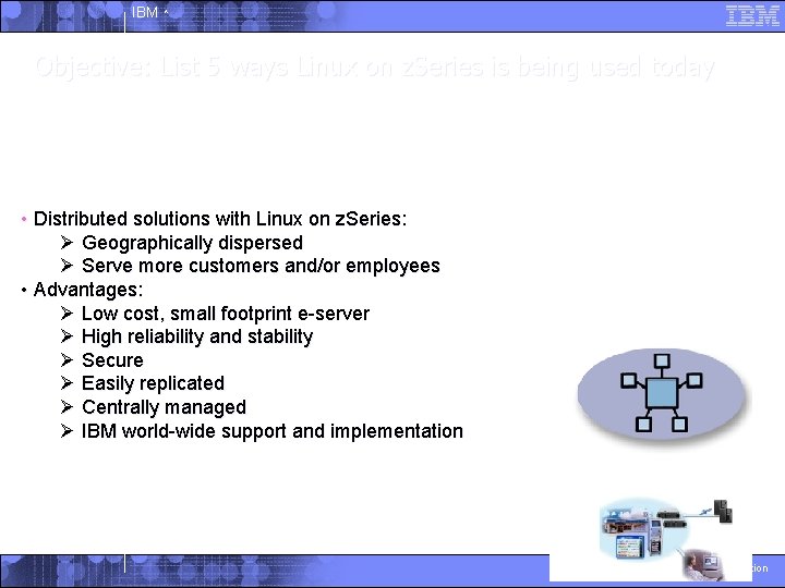 IBM ^ Objective: List 5 applications ways Linux on serve z. Series many is