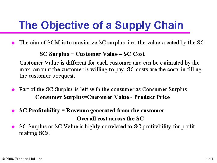The Objective of a Supply Chain u The aim of SCM is to maximize