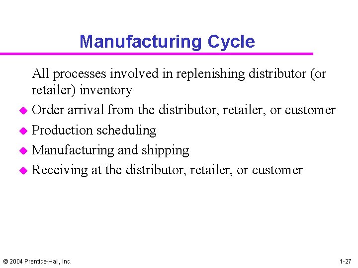 Manufacturing Cycle u u All processes involved in replenishing distributor (or retailer) inventory Order