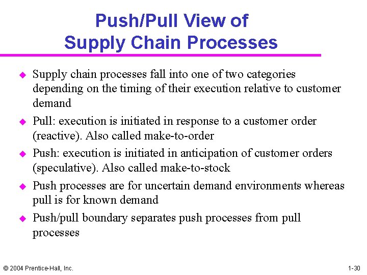 Push/Pull View of Supply Chain Processes u u u Supply chain processes fall into