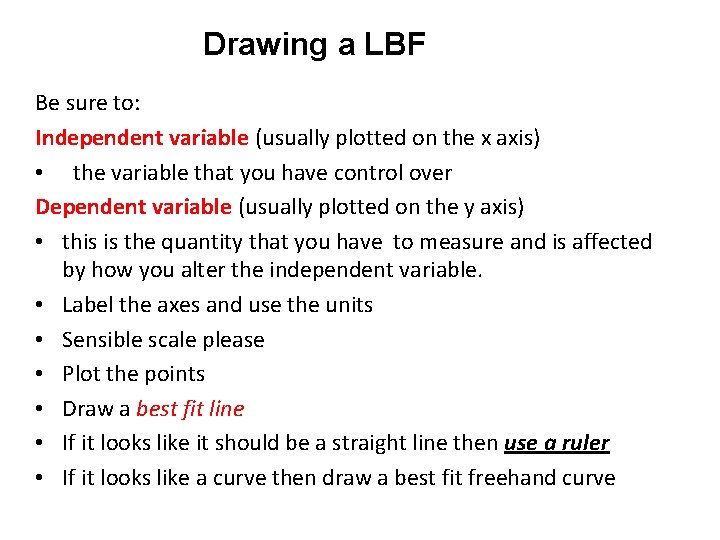 Drawing a LBF Be sure to: Independent variable (usually plotted on the x axis)