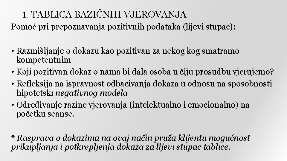 1. TABLICA BAZIČNIH VJEROVANJA Pomoć pri prepoznavanja pozitivnih podataka (lijevi stupac): • Razmišljanje o