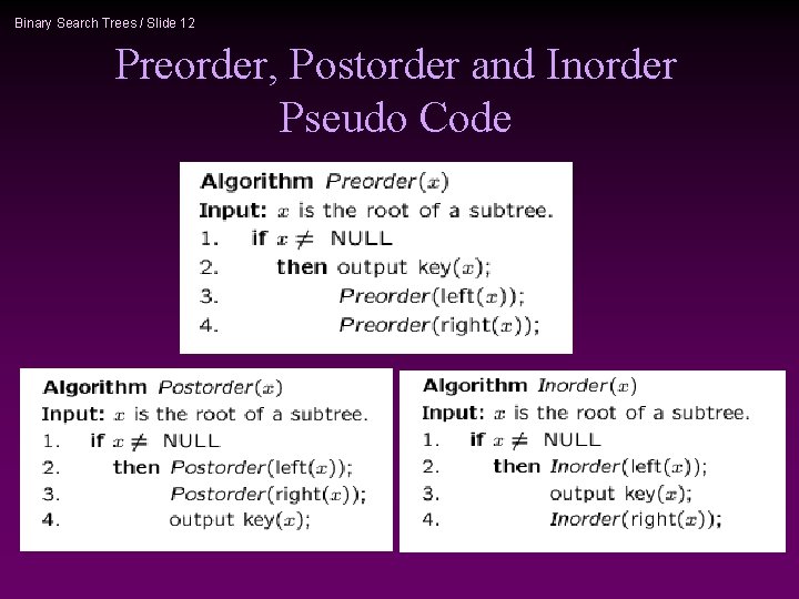 Binary Search Trees / Slide 12 Preorder, Postorder and Inorder Pseudo Code 