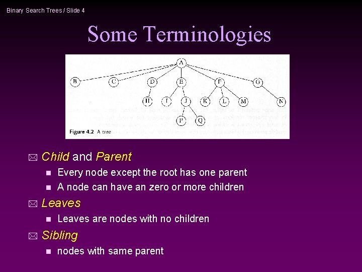 Binary Search Trees / Slide 4 Some Terminologies * Child and Parent Every node