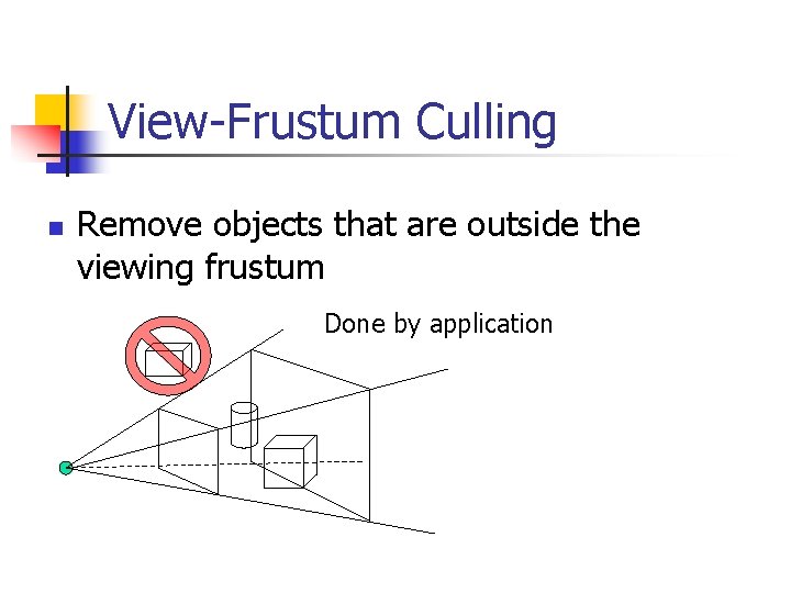 View-Frustum Culling n Remove objects that are outside the viewing frustum Done by application