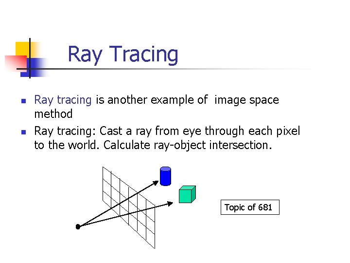 Ray Tracing n n Ray tracing is another example of image space method Ray