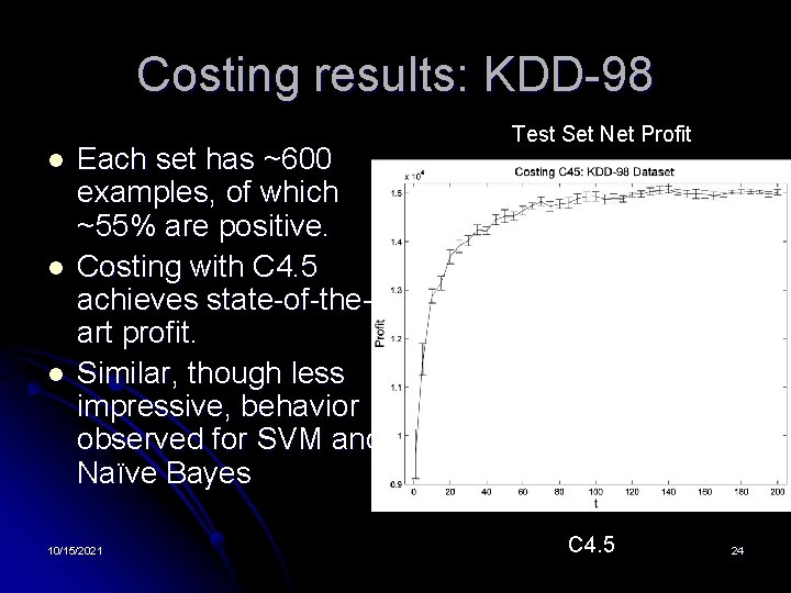 Costing results: KDD-98 l l l Each set has ~600 examples, of which ~55%