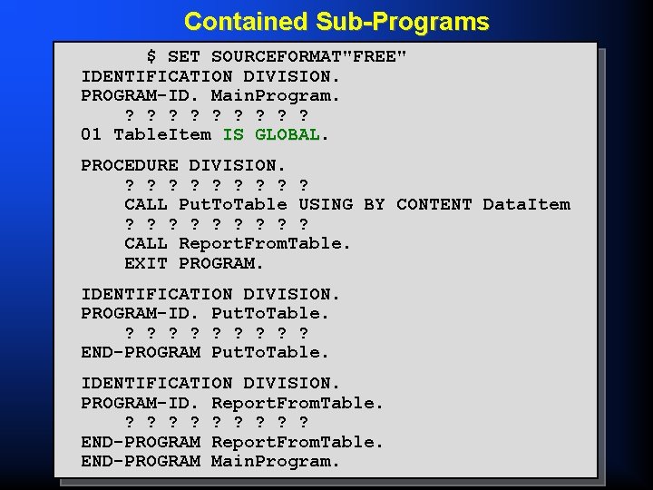 Contained Sub-Programs $ SET SOURCEFORMAT"FREE" IDENTIFICATION DIVISION. PROGRAM-ID. Main. Program. ? ? ? ?