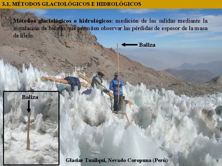 3. 1. MÉTODOS GLACIOLÓGICOS E HIDROLÓGICOS Métodos glaciológicos o hidrológicos: medición de las salidas