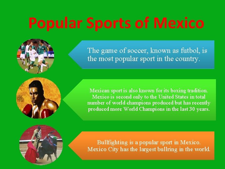 Popular Sports of Mexico The game of soccer, known as futbol, is the most