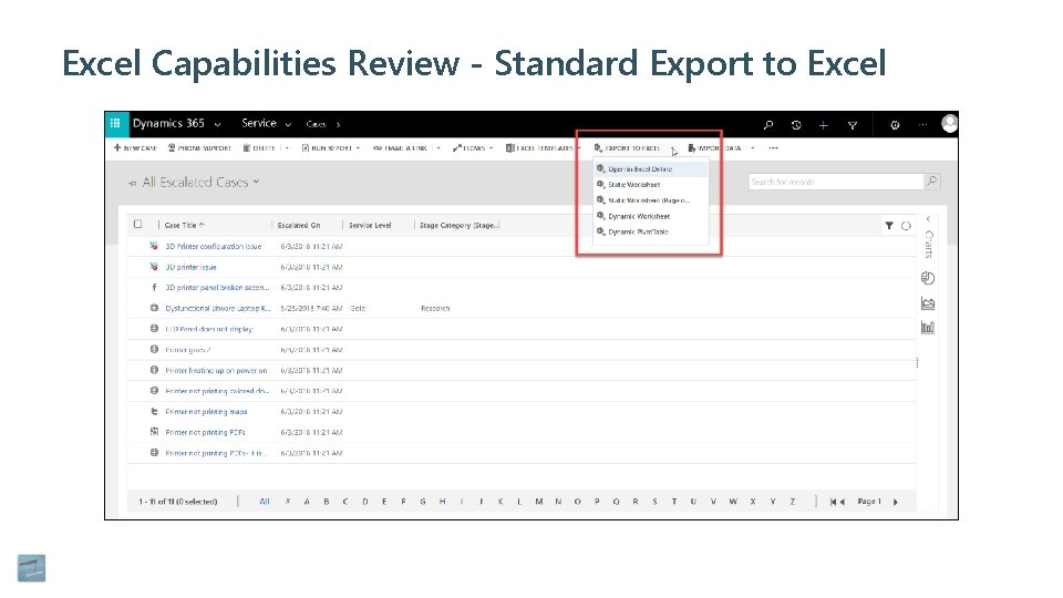 Excel Capabilities Review - Standard Export to Excel 