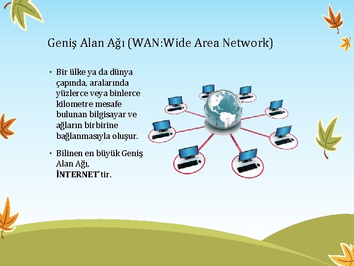 Geniş Alan Ağı (WAN: Wide Area Network) • Bir ülke ya da dünya çapında, Geniş Alan Ağı (WAN: Wide Area Network) • Bir ülke ya da dünya çapında,