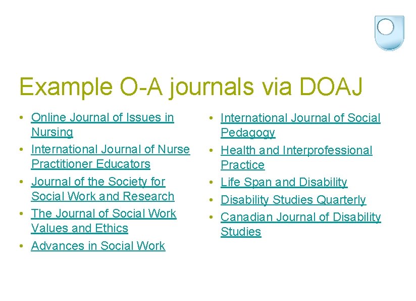 Example O-A journals via DOAJ • Online Journal of Issues in Nursing • International