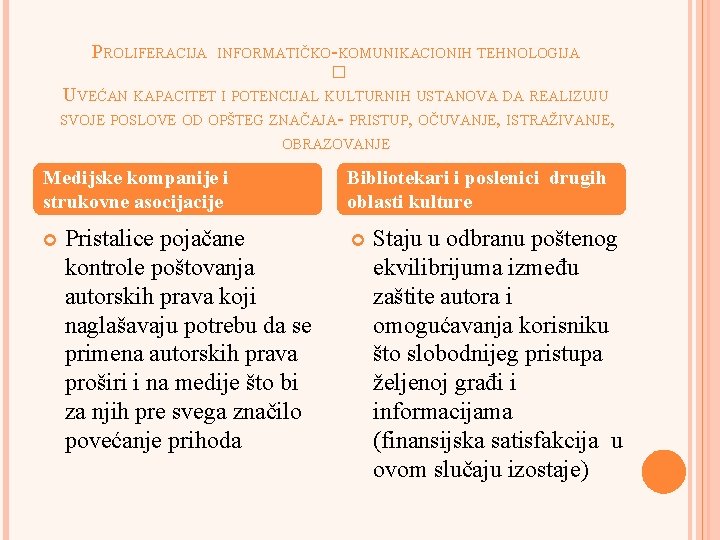 PROLIFERACIJA INFORMATIČKO-KOMUNIKACIONIH TEHNOLOGIJA � UVEĆAN KAPACITET I POTENCIJAL KULTURNIH USTANOVA DA REALIZUJU SVOJE POSLOVE