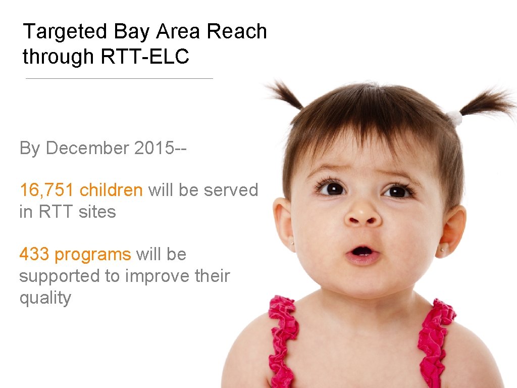 Targeted Bay Area Reach through RTT-ELC By December 2015 -16, 751 children will be