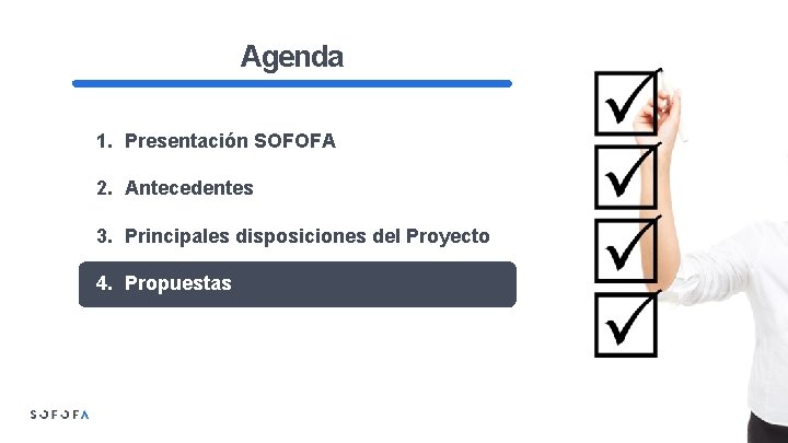 Agenda 1. Presentación SOFOFA 2. Antecedentes 3. Principales disposiciones del Proyecto 4. Propuestas 