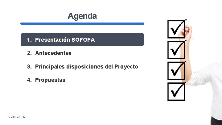 Agenda 1. Presentación SOFOFA 2. Antecedentes 3. Principales disposiciones del Proyecto 4. Propuestas 