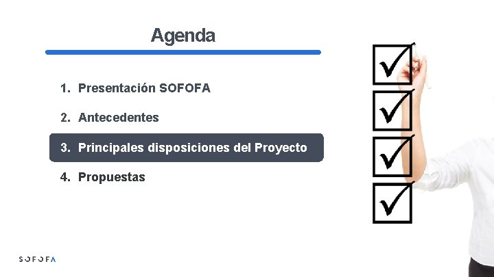 Agenda 1. Presentación SOFOFA 2. Antecedentes 3. Principales disposiciones del Proyecto 4. Propuestas 