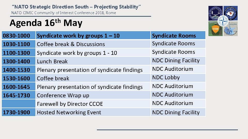 “NATO Strategic Direction South – Projecting Stability” NATO CIMIC Community of Interest Conference 2018,