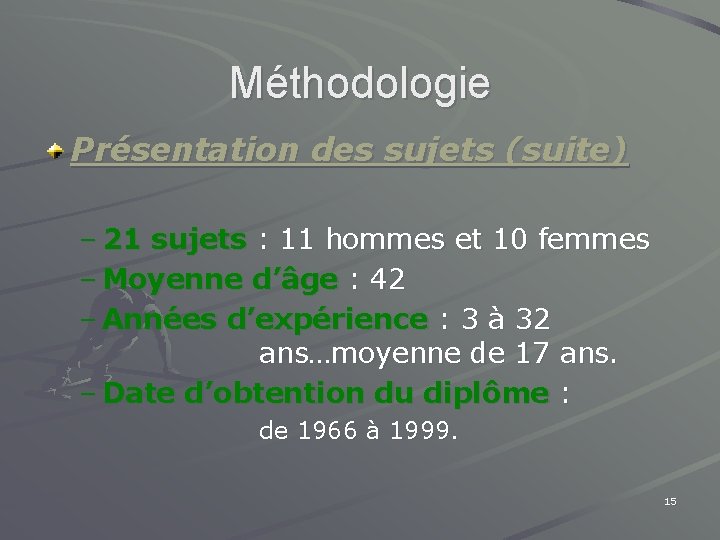 Méthodologie Présentation des sujets (suite) – 21 sujets : 11 hommes et 10 femmes