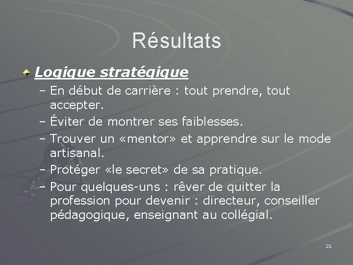 Résultats Logique stratégique – En début de carrière : tout prendre, tout accepter. –