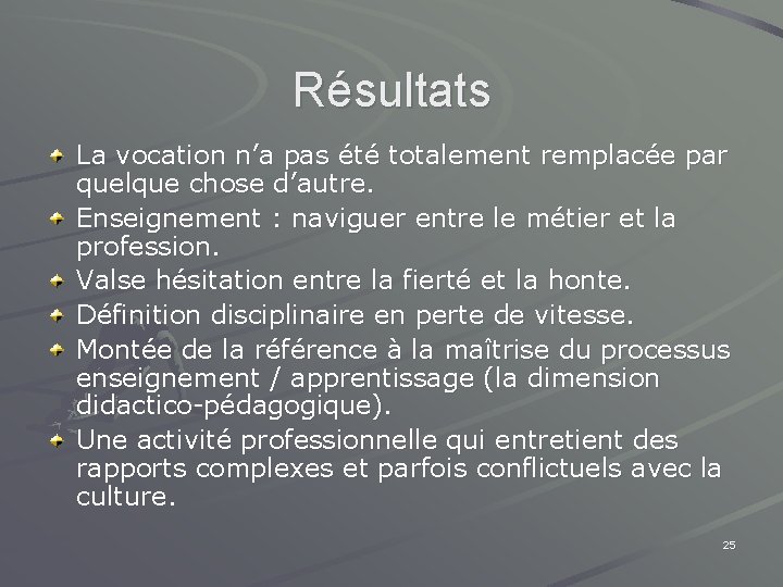 Résultats La vocation n’a pas été totalement remplacée par quelque chose d’autre. Enseignement :