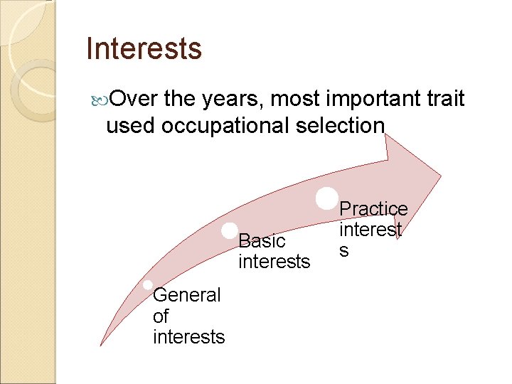 Interests Over the years, most important trait used occupational selection Basic interests General of