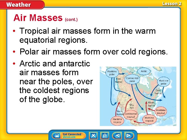 Air Masses (cont. ) • Tropical air masses form in the warm equatorial regions.