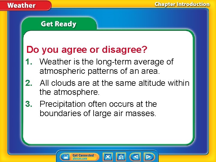 Do you agree or disagree? 1. Weather is the long-term average of atmospheric patterns