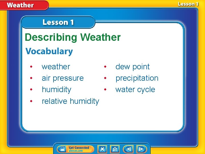 Describing Weather • • weather • air pressure • humidity • relative humidity dew