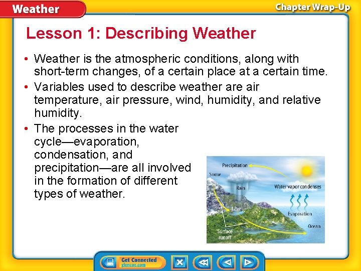 Lesson 1: Describing Weather • Weather is the atmospheric conditions, along with short-term changes,