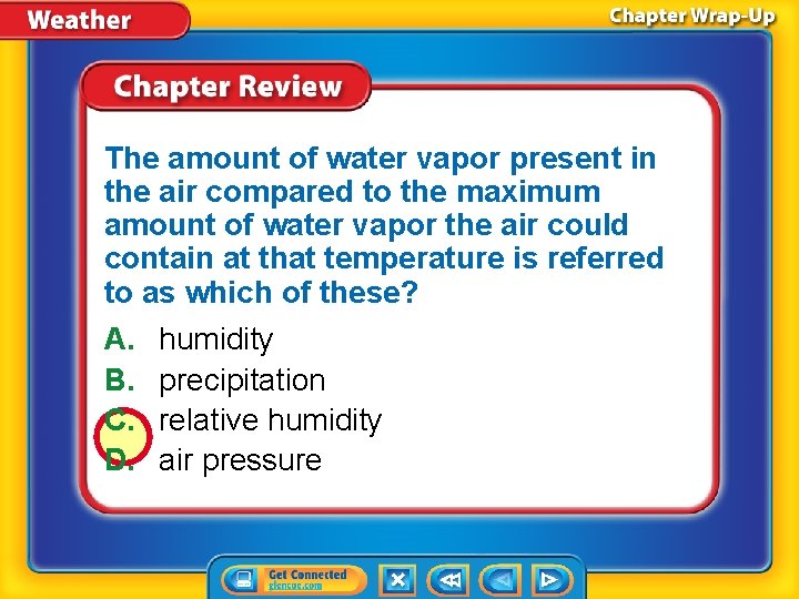 The amount of water vapor present in the air compared to the maximum amount