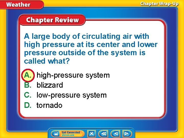 A large body of circulating air with high pressure at its center and lower