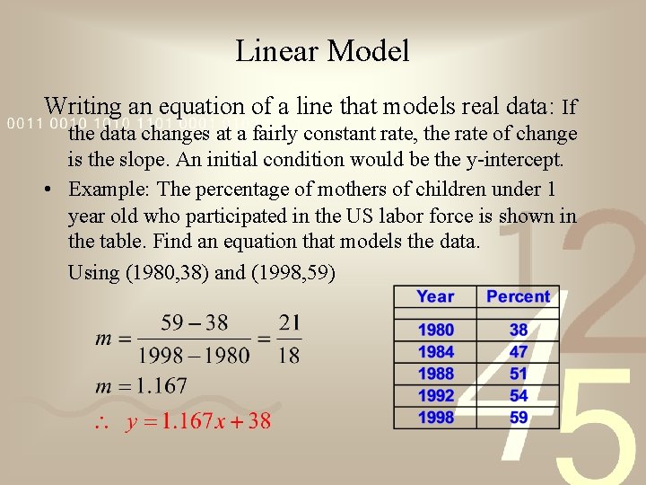 Linear Model Writing an equation of a line that models real data: If the