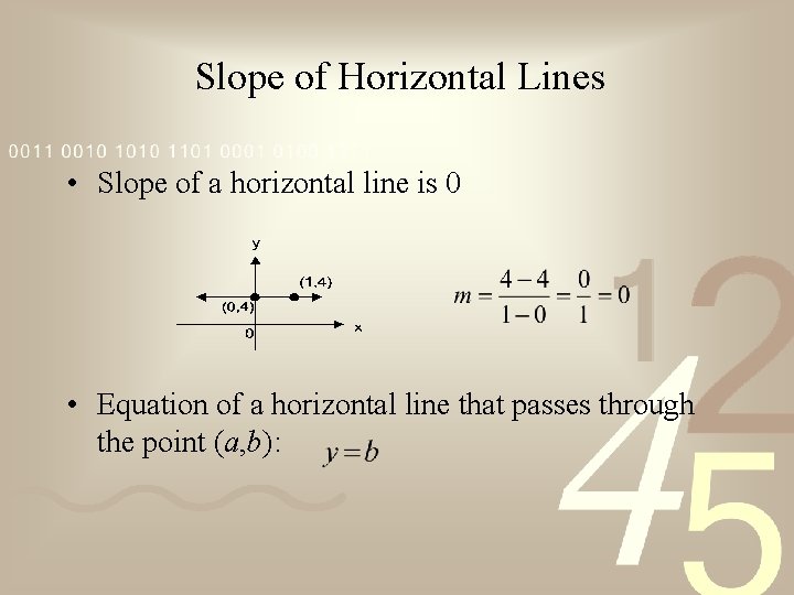 Slope of Horizontal Lines • Slope of a horizontal line is 0 • Equation Slope of Horizontal Lines • Slope of a horizontal line is 0 • Equation
