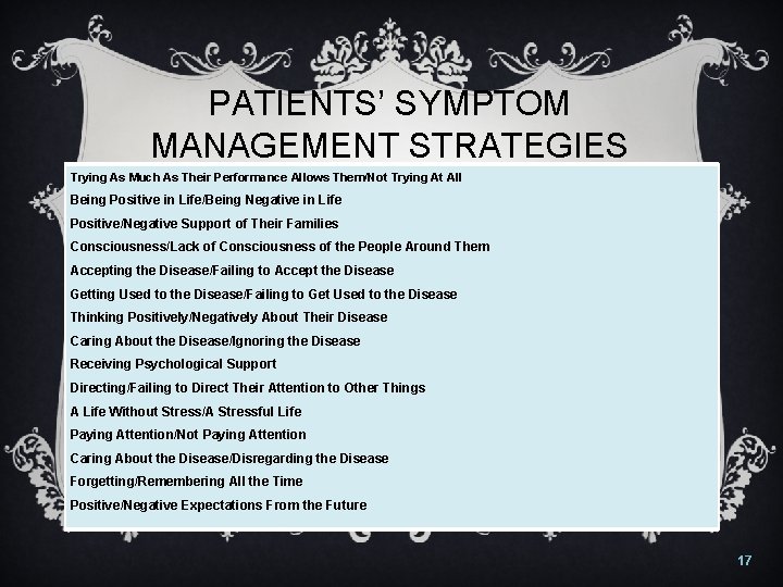 PATIENTS’ SYMPTOM MANAGEMENT STRATEGIES Trying As Much As Their Performance Allows Them/Not Trying At