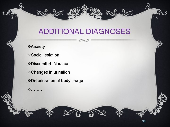 ADDITIONAL DIAGNOSES v. Anxiety v. Social isolation v. Discomfort: Nausea v. Changes in urination