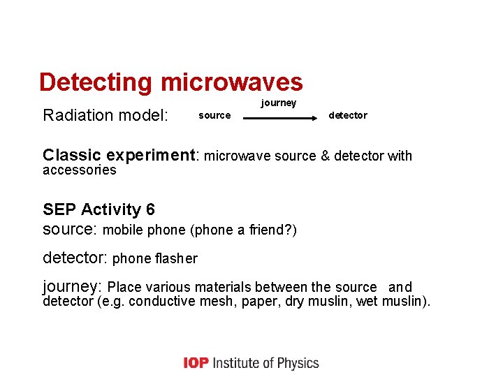 Detecting microwaves Radiation model: journey source detector Classic experiment: microwave source & detector with
