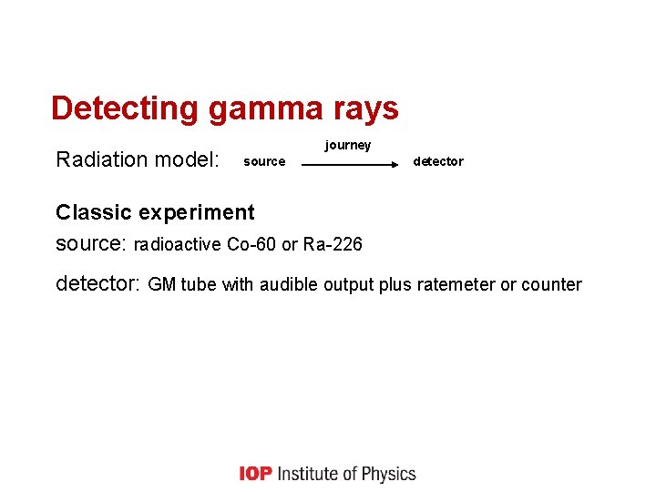 Detecting gamma rays Radiation model: journey source detector Classic experiment source: radioactive Co-60 or