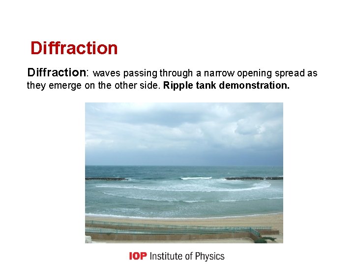 Diffraction: waves passing through a narrow opening spread as they emerge on the other